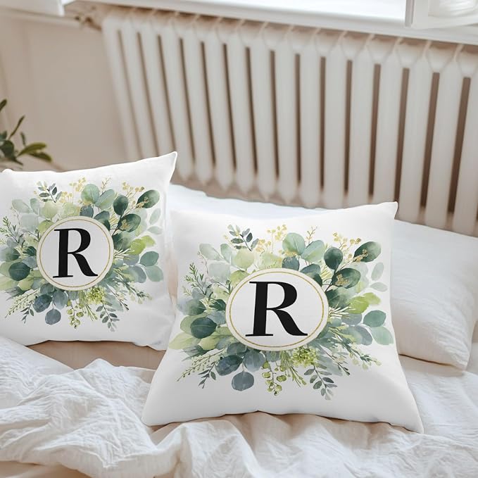 Letter R Waterproof Outdoor Pillow Covers Set of 2 Home Decor, Alphabet Green Eucalyptus Leaves Pillowcase Patio Pillow Covers for Couch Bench Patio Furniture Garden 16x16in