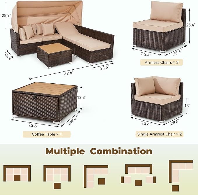 6 Piece Outdoor Patio Furniture Set with Sectional Sofa and Retractable Canopy, Adjustable Backrest Patio Conversation Sets for Backyard, Deck, Garden Lounge Seating