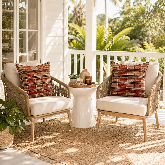 Outdoor Pillow Covers Waterproof Throw Pillow Covers, Set of 2 Jacquard Texture Water Resistant Fade Resistant Decorative Cushion Covers for Garden Patio Bench Couch Sofa, 18x18 Inch (Bohemian Orange)