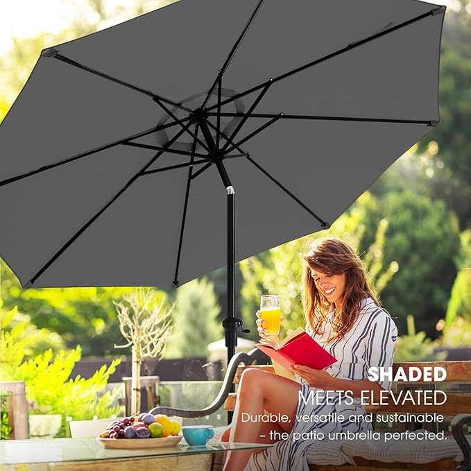 wikiwiki 9 FT Patio Umbrellas Outdoor Table Market Umbrella with Push Button Tilt/Crank, 8 Sturdy Ribs, Fade Resistant Waterproof POLYESTER DTY Canopy for Garden, Lawn, Backyard & Pool, Dark Gray