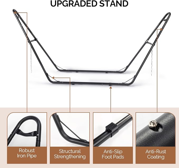 Double Hammock with Stand, Outdoor 2 Person Heavy Duty Hammock Bed, 550 LBS Capacity Perfect for Outdoor & Indoor (Beige)