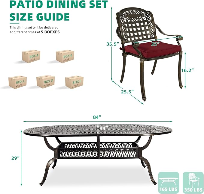 VIVIJASON 9-Piece Patio Furniture Dining Set, Rust-Free Cast Aluminum Outdoor Conversation Set, Include 8 Cushioned Chairs and an Oval Table with Umbrella Hole for Balcony Lawn Backyard, Red Cushion