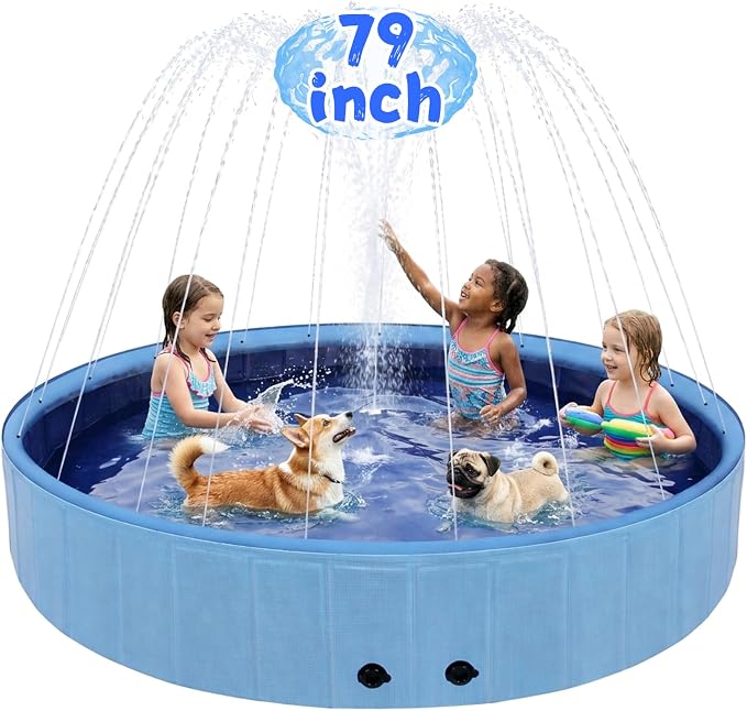 Eooqi Foldable Dog Pool with Sprinkler, 79 Inch Extra Large Thickened Splash Pool, 2-in-1 Outdoor Summer Water Play Toy, Non-Slip Hard-Side Kiddie Pool for Backyard Dogs, Kids & Pets (Blue, 79"-4XL)