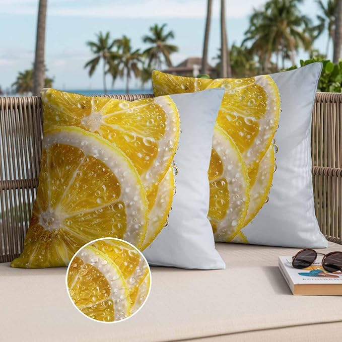 Yukro Lemon Slices Outdoor Waterproof Pillow Covers Pack of 2, Water Droplets Summer Yellow Fruit Throw Pillowcases Decorative Cushion Covers for Garden Patio Tent Sofa Couch, 18x18 inch