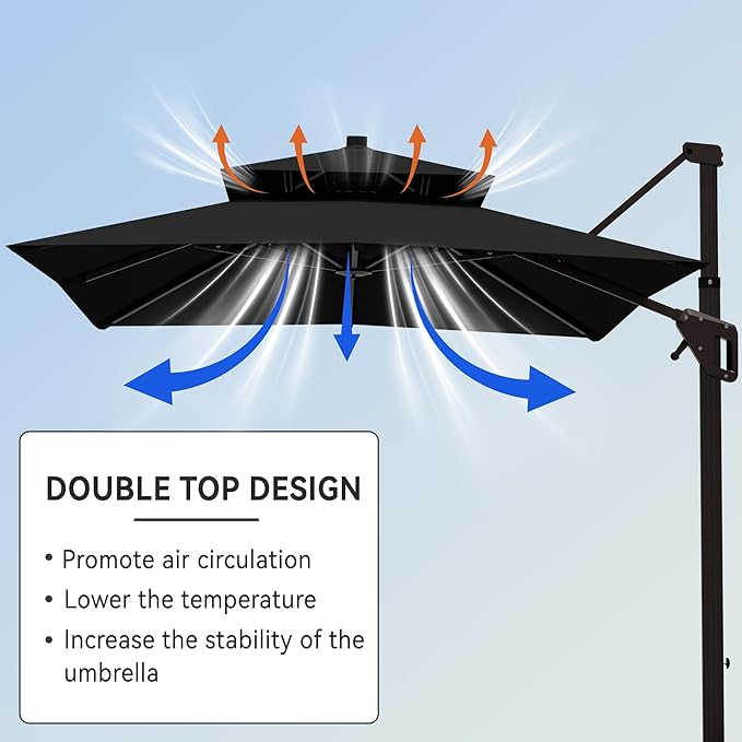 10' X 13' Cantilever Patio Umbrella with Base Included Double Top Rectangular Outdoor Large Offset Umbrellas with 7 Tilts Adjustable 360°Rotation for Deck Pool Garden Backyard, Black