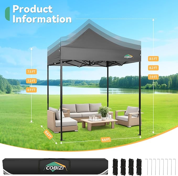 COBIZI 6.6x6.6 Heavy Duty Pop up Canopy Tent Without Sidewalls, Easy Set-up Commercial Outdoor Party Tent, 100% Waterproof Wedding Canopy Gazebo, 3 Height Adjustable with Carry Bag, Gray