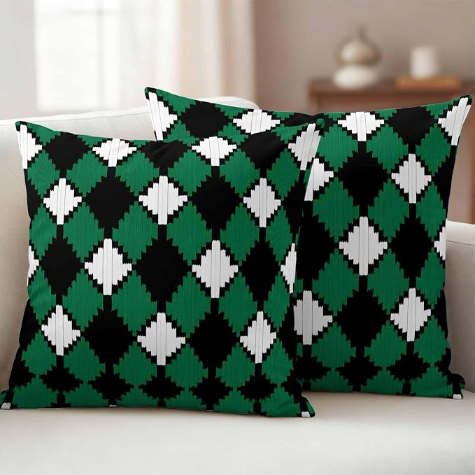 Vintage Rhombus Outdoor Waterproof Throw Pillow Covers Set of 2, 18"x18", Green Black White Decorative Pillow Covers Outside Cushion Case for Patio Porch Garden