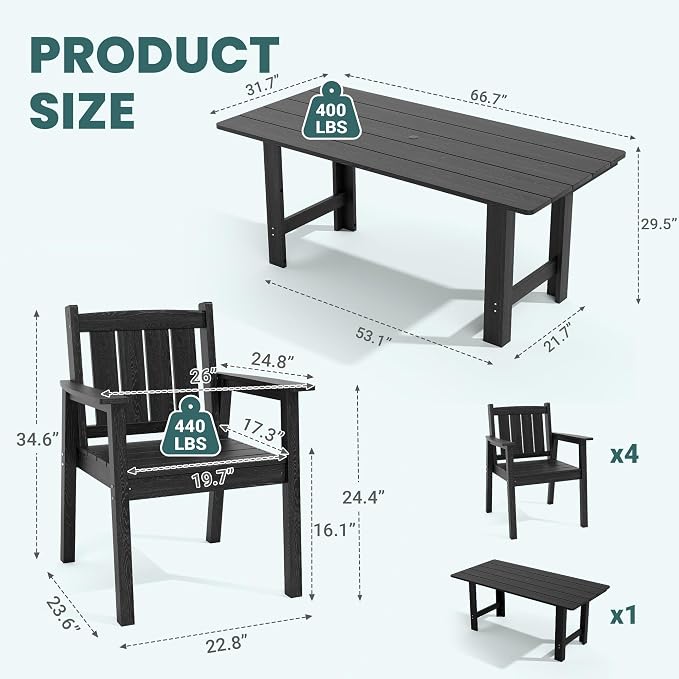 Pamapic 5-Piece Outdoor Dining Set, HDPE Outdoor Rectangular Table and 4 Chairs, Wood Grain Patio Furniture Sets with Armrest, All-Weather Patio Dining Table with Umbrella Hole, Black