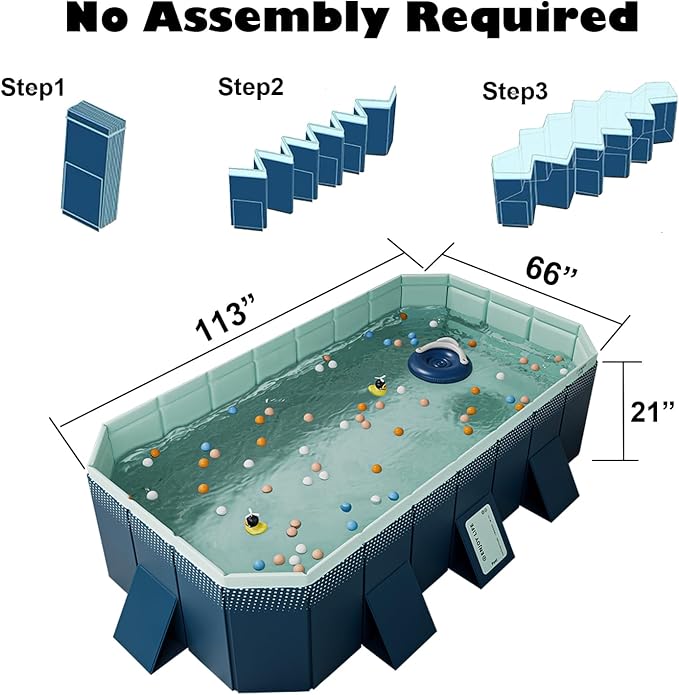 Foldable Pool, Non-Inflatable Swimming Pool for Kids Adults, Extra Large Stable Collapsible Pool Hard Plastic, Portable Folding Kids Dogs Pool for Family Backyard Garden Outdoor, 113"L x 66"W x 21"H
