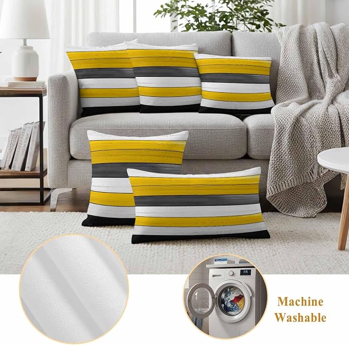 Yellow Black Outdoor Pillow Covers 20"x12" Set of 2, Striped Gradient Wood Grain Modern Art Waterproof Throw Pillow Covers for Patio Furniture, Decorative Cushion Covers for Porch