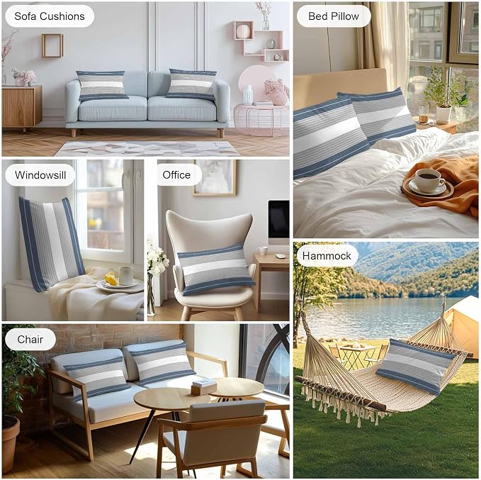 Haze Blue Grey Stripe Outdoor Pillow Covers Waterproof, All Weather Cushion Case Set of 2, Modern Art Horizontal Striped Lumbar Pillowcase for Sofa Couch Bed Decor Patio Furniture 20"x12"
