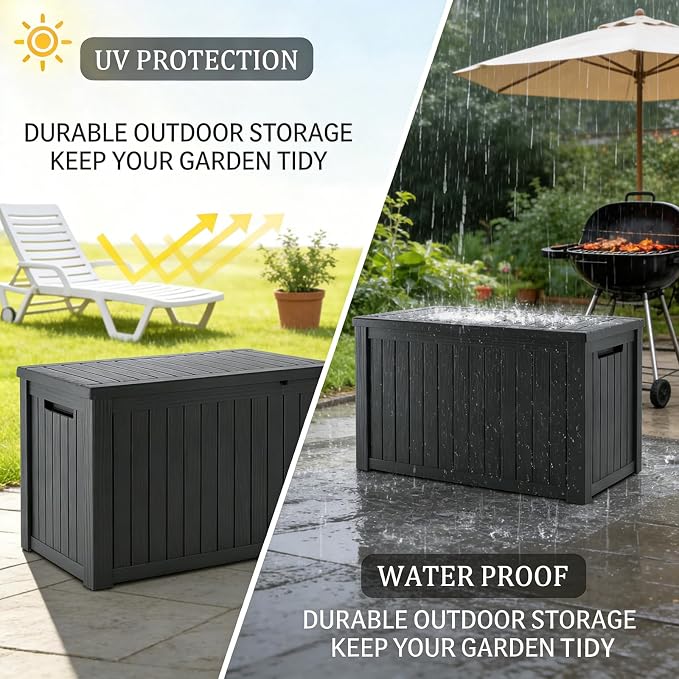 260 Gallon Lockable Resin XXL Deck Box, Waterproof Outdoor Storage Box for Patio Furniture Cushions, Garden Tools & Pool Accessories Storage, Black