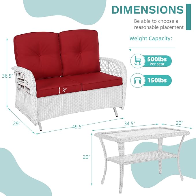 MEETWARM Outdoor Wicker Patio Glider Set, Loveseat for 2 Person Porch Furniture Glider with Glass-Top Coffee Table, Patio Glider Rocking Bench with Thickened Cushions, White Wicker/Red