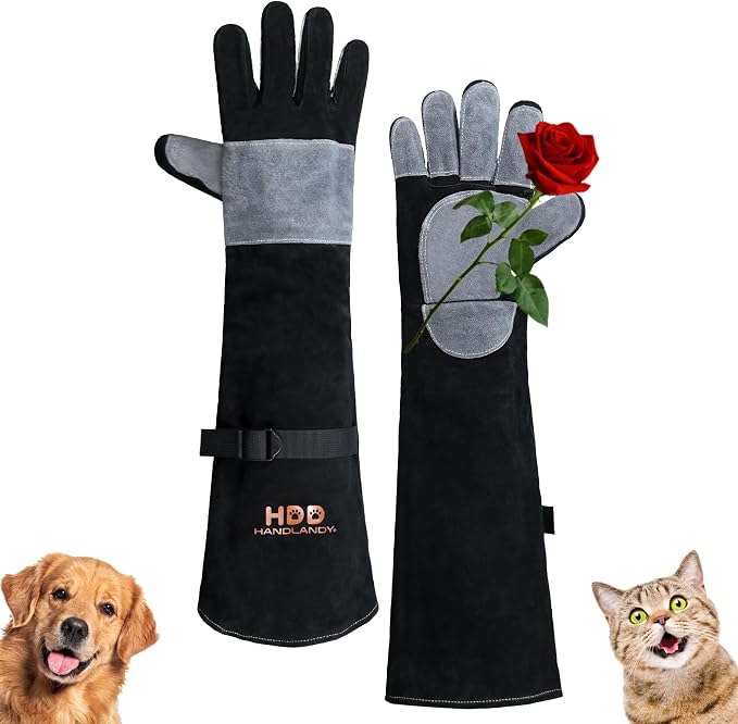 HANDLANDY Animal Handling Gloves, Bite Proof for Cat Dog Handling | Puncture & Scratch Resistant Leather Gauntlet Gloves for Dogs, Cats, Birds, Falconry, Gardening