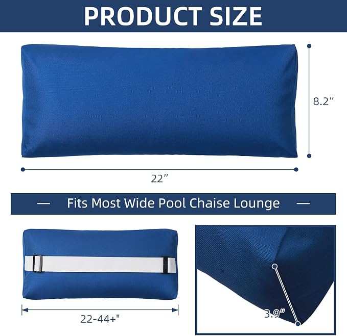 Headrest Pillow for Pool Chaise Lounge, Pool Lounge Pillows Outdoor with Elastic Band for Recliner and Pool Patio Chairs, Head Neck Support Pillow (Dark Blue, 22x8.6x3.9)