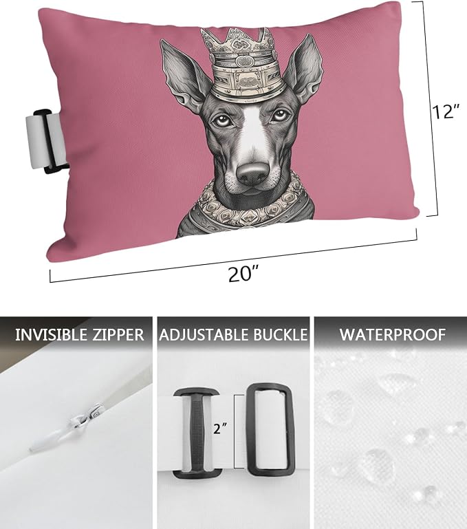 Outdoor Pillows Covers with Inserts Pet Dog with A Crown Waterproof Recliner Pillow with Adjustable Strap Throw Pillows for Patio Furniture Pool Lounge Chair, 12x20 inch, 2PCS