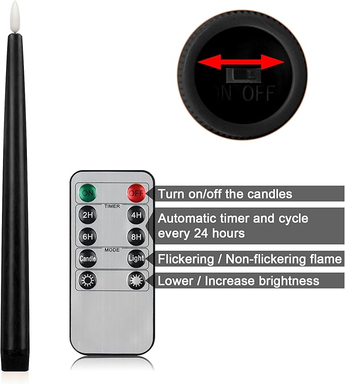 CVHOMEDECO. Flameless Taper Candles with 10-Key Remote, Battery Operated Led Flickering 3D Wick Window Candles Real Wax Finished Home Christmas Party Decor 0.78 x 11 Inch, Pack of 2, Black
