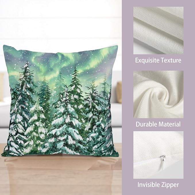 Winter Aurora Pillow Covers 16x16 Set of 2 Snowy Pine Tree Throw Pillow Covers Green Polar Light Forest Pillow Case Double Sided Printing Cushion Case for Home Decor Couch Sofa