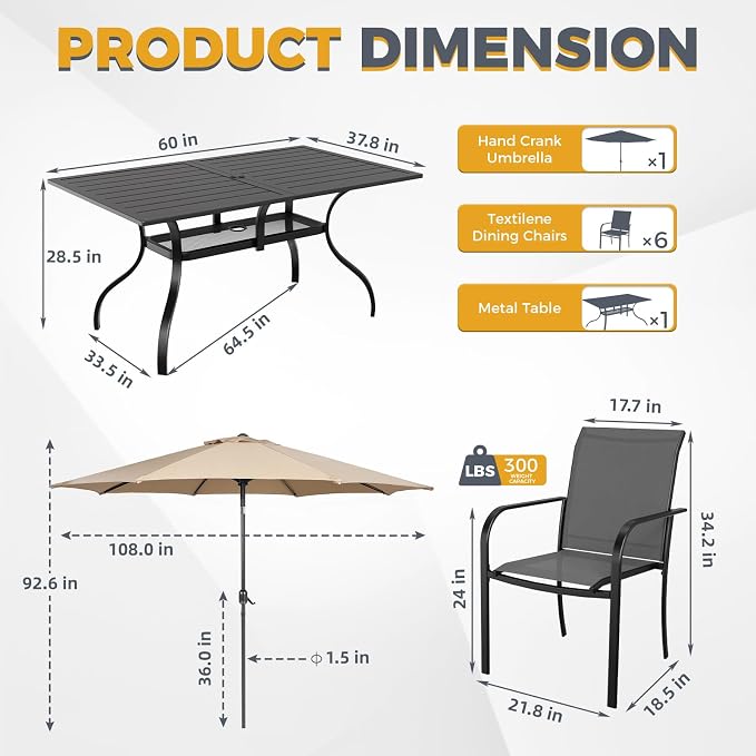 Crownland 7-Piece Patio Dining Set - 6 Textilene Metal Chairs & Rectangular Outdoor Dining Table with Khaki 9FT Round Outdoor Umbrella (Grey)