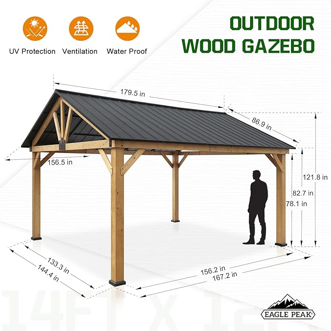 EAGLE PEAK 13x15 Hardtop Gazebo, Exposed Beam A-Frame Gazebo, Galvanized Steel Gable Roof with Cedar Wood Frame, Outdoor Pavilion for Patio, Deck, Lawn and Garden, Natural Wood/Black