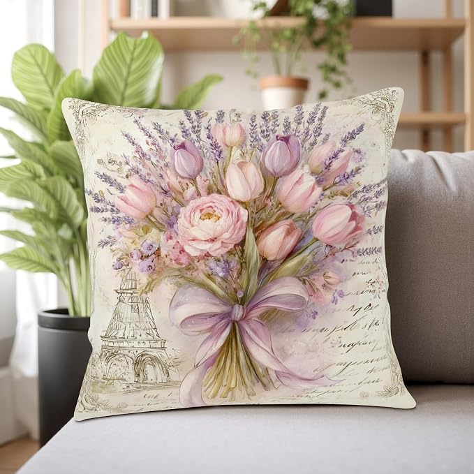 Spring Summer Tulip Pillow Covers Shabby Chic Pink Purple Flower Pillow Cases Lavender Floral Throw Pillow Covers 24x24 Rustic Farmhouse Cushion Case for Bedroom Living Room 2 Pack