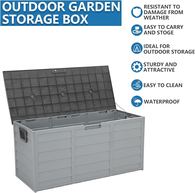 Yescom 75Gal 260L Deck Storage Box 44" x 21.3" x 19.3" for Tools Cushions Seat Lockable Grey