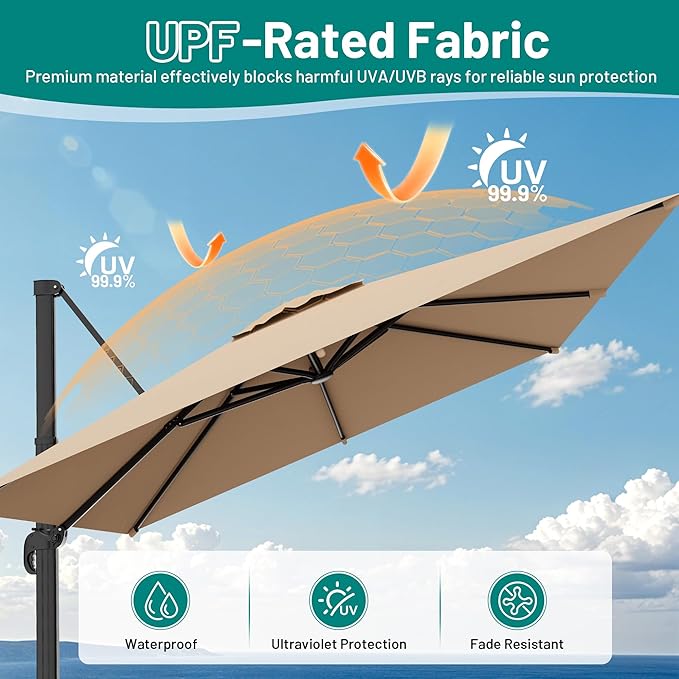 AreShark 9 X 9 FT Cantilever Patio Umbrella, 360-Degree Rotation Square Hanging Offset Umbrella with Crank, Heavy Duty Patio Umbrella for Patio, Pool, Garden, Deck, Beige