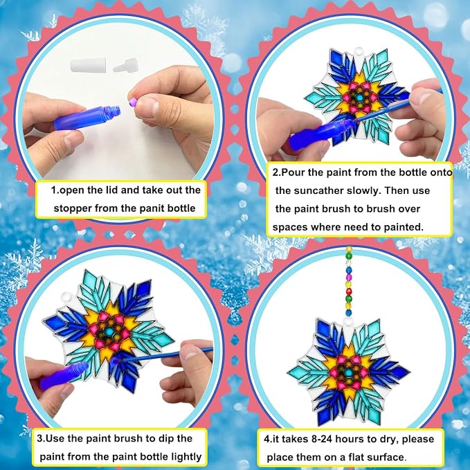 AUEKIV 32 Sets Suncatcher Kit Winter Snowflake Suncatchers Window Art Paint Sun Catcher DIY Craft Kits Christmas Snowflake Suncatcher Kit for Xmas Decoration Winter Home Classroom Party Activity