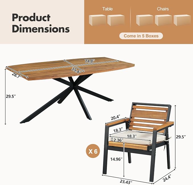 7-Piece Outdoor Patio Dining Set, All-Weather Rectangle Table and 6 Chairs with Dual-Layer Iron & Acacia Wood Seat Frame and Detachable Cushions for Backyard Garden Poolside (Beige-5.14)