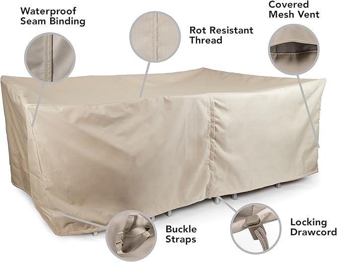 Covermates Ultima Outdoor Rectangular Dining Table & Chair Cover with Umbrella Hole – All-Weather Water-Resistant Rip-Resistant Polyester, Drawcord & Buckle Straps, 126W x 88D x 30H, Ripstop Tan