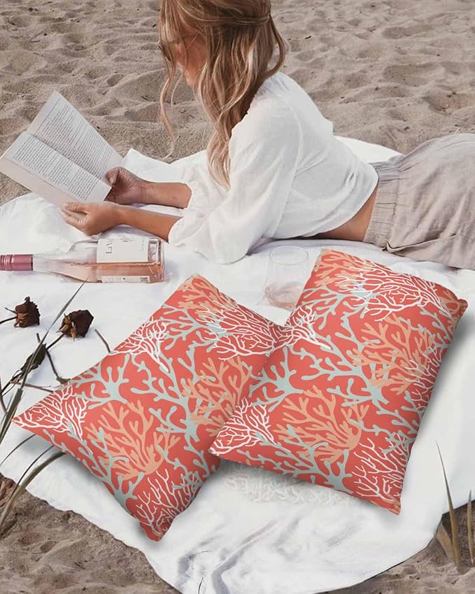 Outdoor Waterproof Throw Pillow Covers Set of 2 Red Orange Coral Lumbar Pillowcases 20x12 Inches Nautical Coastal Marine Life Patio Decorative Pillows Cushion Case Patio Pillows for Couch Bed Garden