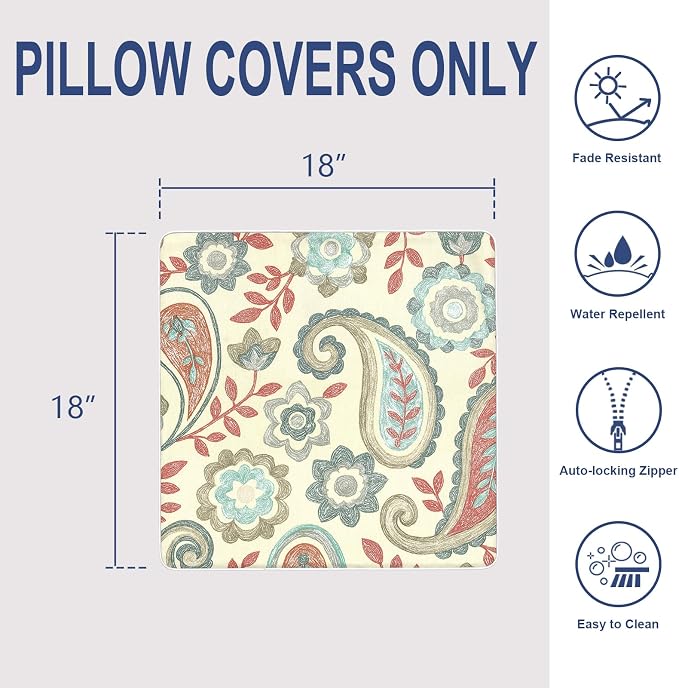 Outdoor Throw Pillow Covers Pack of 2, Decorative Water Repellent Square Pillow Cases with Piping 18x18 Inch, Paisley Vintage