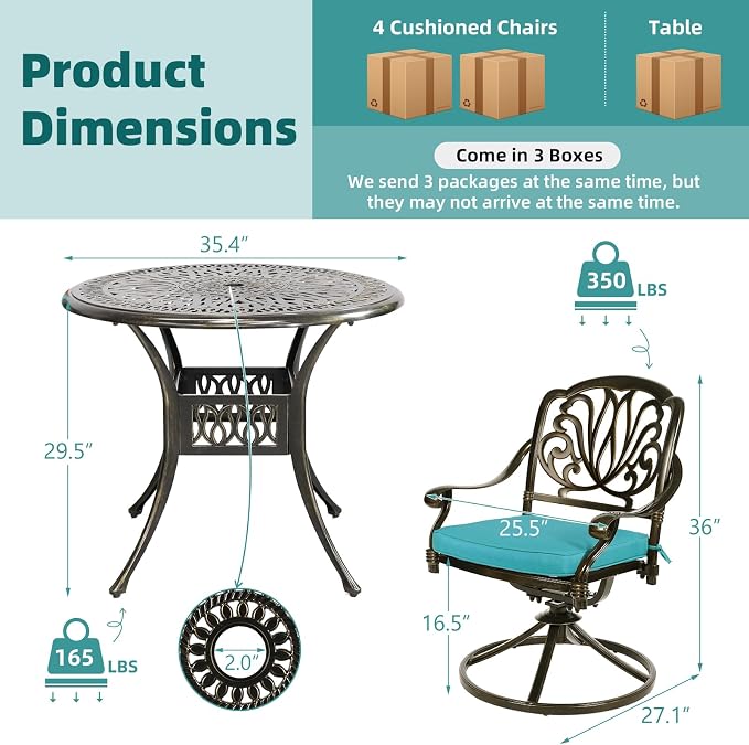 MEETWARM 5-Piece Outdoor Patio Dining Set, All-Weather Cast Aluminum Patio Conversation Set for Backyard Garden Deck with 4 Cushions Swivel Rocker Chairs and 35.4" Round Table, Ocean Blue