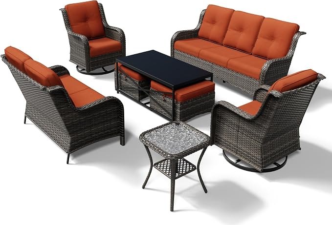 Joyside 8 Piece Wicker Patio Furniture Set, Outdoor Swivel Rocker Patio Chairs with High Back, Deep Seating, Wide Armrest, Thickened Cushions, Outdoor Furniture for Deck, Porch Use