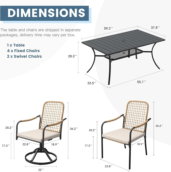 DIFY 7 Pieces Outdoor Dining Set for 6, 59.2" Black Rectangle Metal Table with 4 Stackable Wicker Patio Chairs & 2 Swivel Chairs, Patio Furniture Set with Cushions and Umbrella Hole, Wheat Rattan