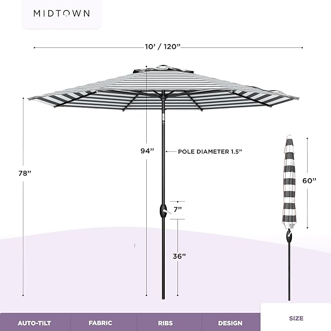 Midtown Umbrellas - 10-Year-No-Fade 10 Ft Patio Umbrella with Terylast Fabric, Auto-Tilt Aluminum Frame and 8 Reinforced Ribs for Deck, Pool, Garden & Beach - Grey/White Stripes Canopy, Black Pole