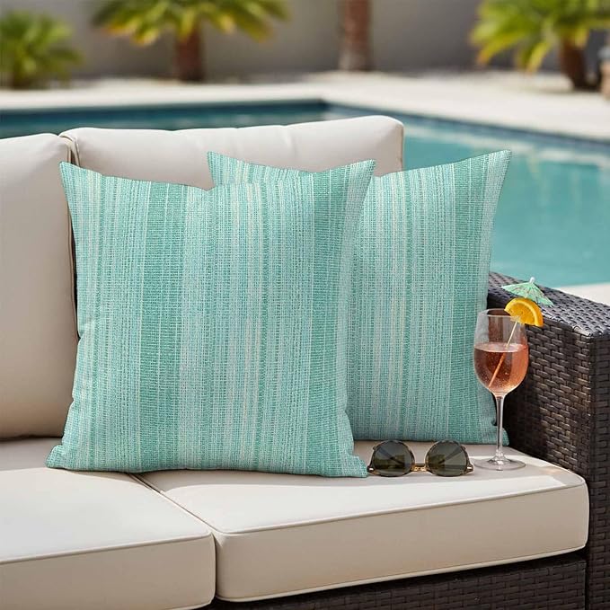 Abstract Teal Outdoor Pillow Covers 26"x26" Set of 2, Rustic Farmhouse Minimalist Teal Vertical Striped Lines Waterproof Throw Pillow Covers for Patio Furniture, Decorative Cushion Covers for Porch