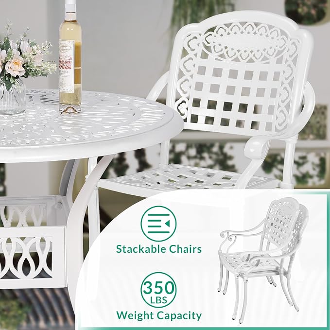 VIVIJASON 3-Piece Outdoor Patio Bistro Set, All-Weather Cast Aluminum Furniture Dining Sets Include 2 Chairs and 35.4" Round Table w/Umbrella Hole for Balcony, Lawn, Garden, Backyard, White