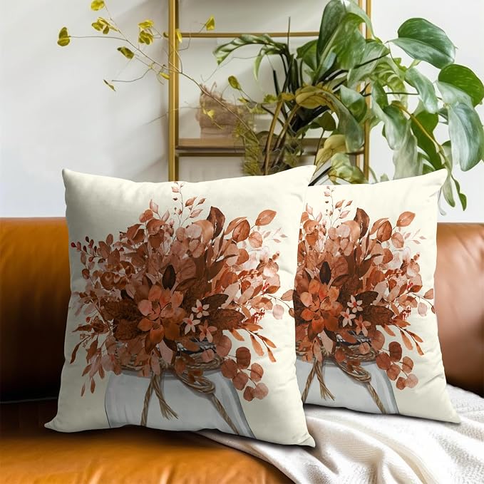 Fall Eucalyptus Throw Pillow Covers 16x16 Inch Set of 2, Orange Botanical Leaves Autumn Harvest Season Farmhouse Decorative Pillows Cushion Case for Sofa Couch Home Decor