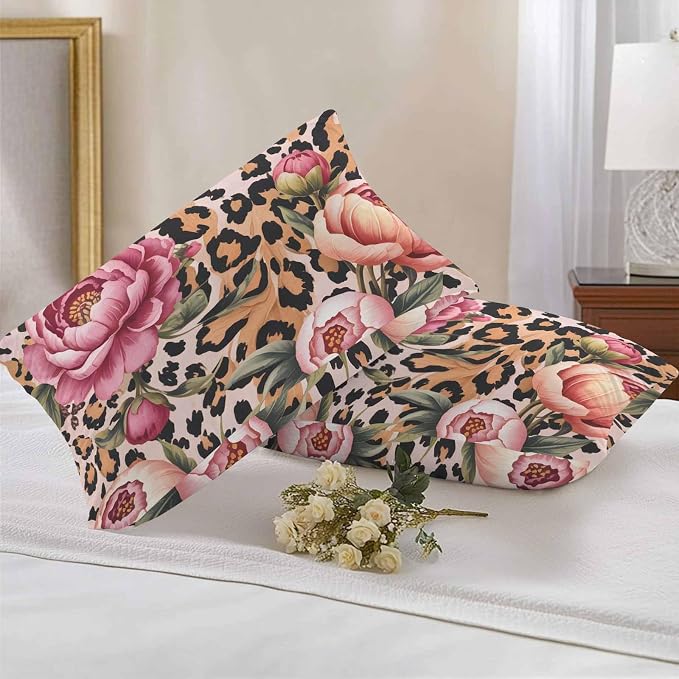 Vandarllin Outdoor Throw Pillows Covers 20x12 inch Set of 2 Waterproof Leopard Print Decorative Zippered Cushion Covers for Patio Furniture, Pink Floral Retro Animal Skin Lumbar Pillowcases