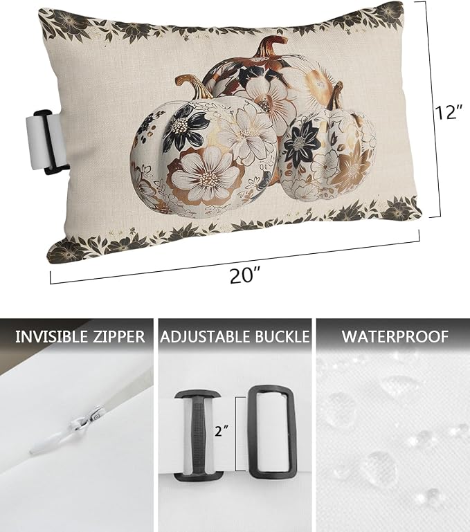 Outdoor Pillows Covers with Inserts Fall Thanksgiving Watercolor Printed Pumpkin Beige Waterproof Pillow with Adjustable Strap Throw Pillows for Patio Furniture Recliner Lounge Chair, 12x20 inch, 2PCS