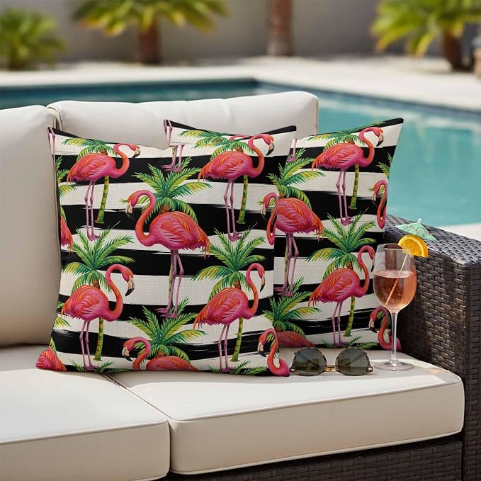 Pink Flamingo Outdoor Pillow Covers 26x26 Inch Throw Pillow Covers Set of 2 Waterproof Decorative Pillow Cases Palm Leaf Black Striped Tropical Plant Cushion Covers for Patio Furniture Garden Couch