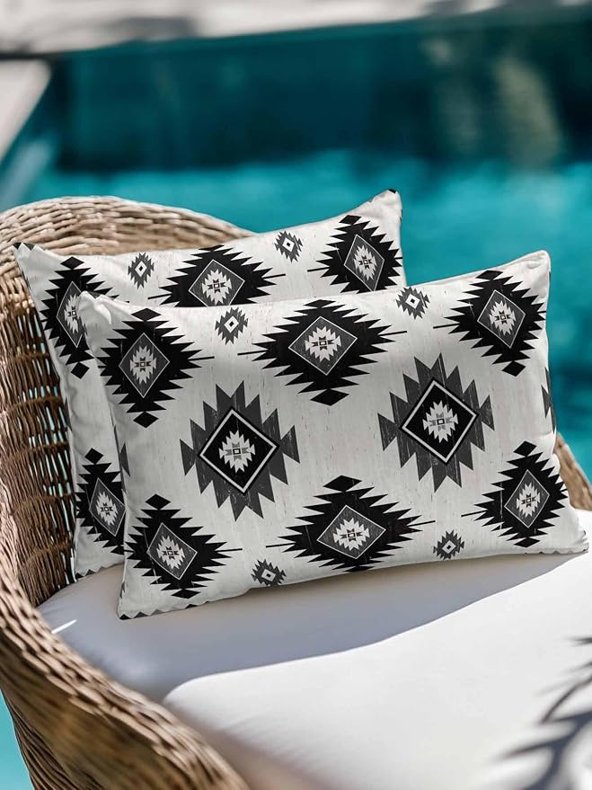 Waterproof Outdoor Pillow 1 Pack Gray Boho Aztec Decorative Throw Pillows Cover & Insert 20x12 Inch Lumbar Pillowcase Southwest Tribal Style Pillows for Couch Sofa Bed Patio Furniture Indoor Outdoor