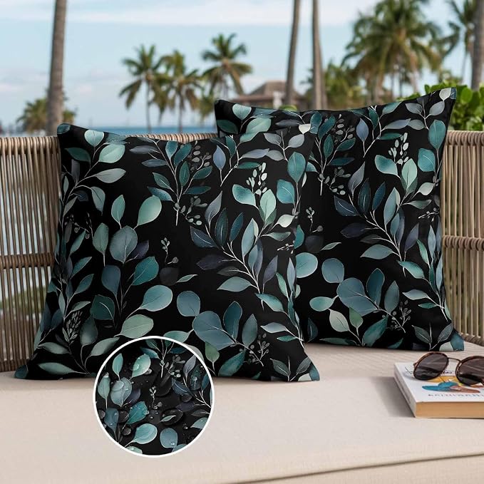 Throw Pillow Covers 18x18 Inch Set of 2, Teal Black Botanical Waterproof Outdoor Pillow Covers, Spring Eucalyptus Leaves Greenery Decorative Cushion Pillowcases for Couch, Sofa, Bed, Garden, Patio