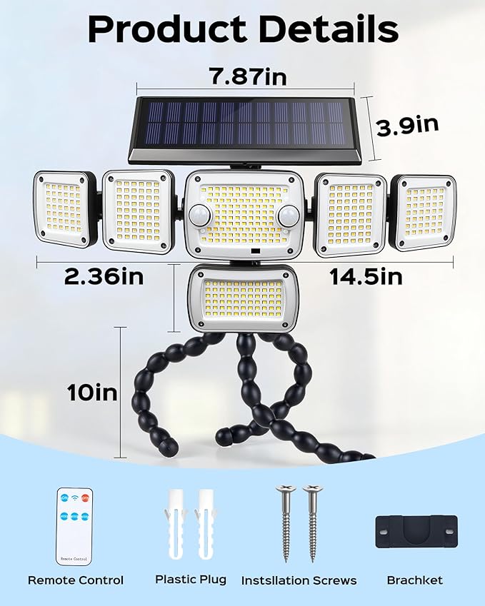 Motion Sensor Outdoor Lights with Flexible Octopus Tripod , 6000LM 336LED Security Flood Lights with Remote Control, 360°Wide Angle, 6 Heads Solar Lights Outdoor Waterproof for Yard Patio Garage