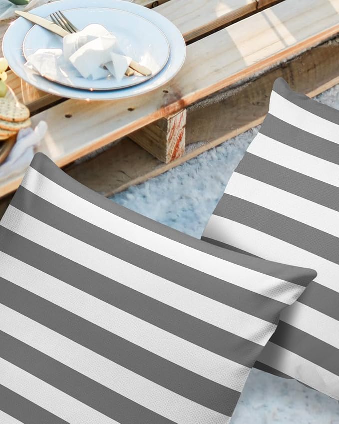 Outdoor Waterproof Pillow Covers for Patio Furniture Grey and White Stripes Decorative Throw Pillow Cover Solid Striped Pillowcases Set of 2 Cushion Case for Sofa Couch Chair 26 x 26 in