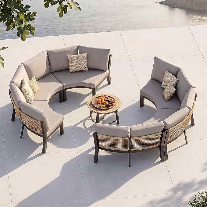 Half Moon Patio Furniture Set, Aluminum Curved Patio Conversation Sets, Luxury Outdoor Sectional Sofa with PE Rope, All-Weather 7 Pcs Outdoor Couch with Modular Coffee Table & Cushions, Gray