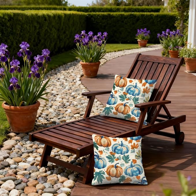 22x22 Inch Outdoor Pillow Covers Set of 2 Waterproof Throw Pillow Covers Decorative Couch Cushion Covers Blue Pumpkin Fall Leaf Square Pillowcases Protectors for Patio Garden Sofa