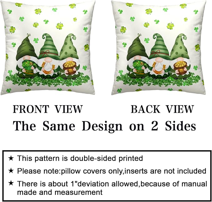 Pack of 2 Saint Patricks Day Decorative Pillow Covers 22x22 Soft Cotton Blend Lucky Charms Gnomes Pillow Cases Spring Shamrocks Cushion Covers for Couch Bed Home Decor