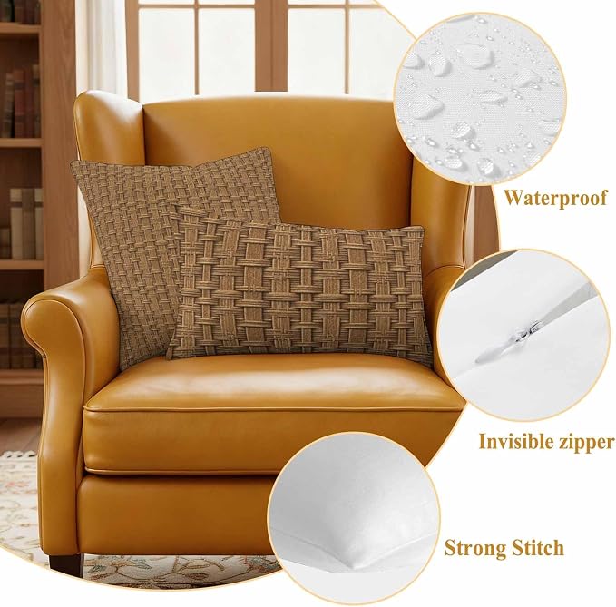 Outdoor Waterproof Throw Pillow Covers Set of 2 Brown Rattan Pillowcases 18x18 Inches Vintage Striped Lines Decorative Pillows Cushion Case Patio Pillows for Couch Bed Chair Garden